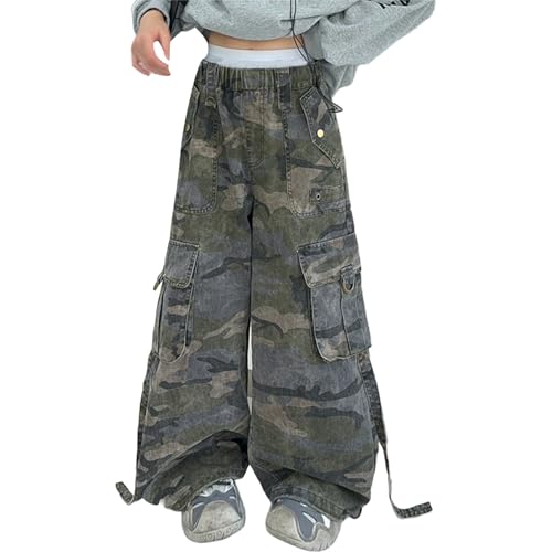 Girls Camo Print Cargo Baggy Wide Leg Streetwear High